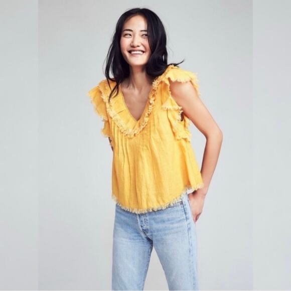 Faherty Yosepha Yellow Linen Fringe Short Sleeve Top - size Medium - Picture 1 of 7